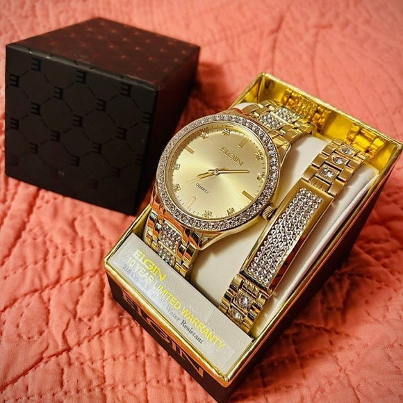Elgin Gold Watch Bracelet Set with Crystal Accents